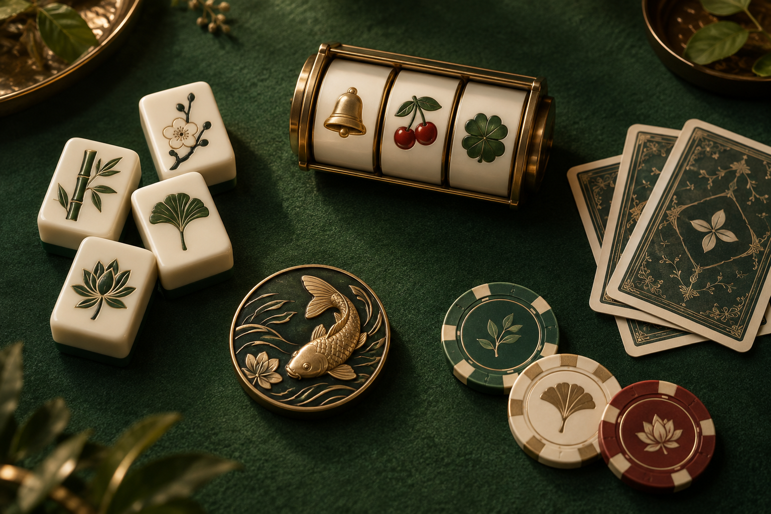 Ubin mahjong, simbol slot, kartu, dan chip di atas meja hijau
